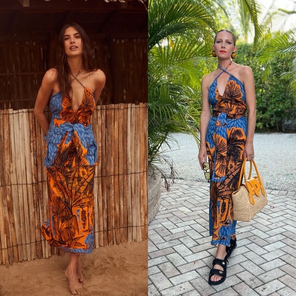 Johanna Ortiz Dress Vida Salvaje Cotton Midi Floral Indigo Festive Orange 8 EUC - Picture 9 of 10